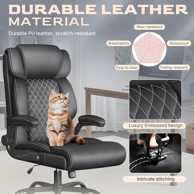 Office Chair-Executive High Back Breathable Comfy Desk Chair with Flip-up Armrests Lumbar Support-Ergonomic Leather Rolling Swivel Chair with Rock Function for Working,2 Pack