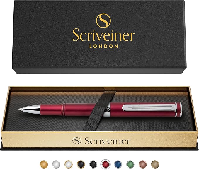 Scriveiner Red Rollerball EDC Luxury Pen, Stunning Pocket Pen with Chrome Finish, Cool Writing Pen, Best Gift for Men & Women, German Schmidt Refill, Nice Present, Fancy Office Designer