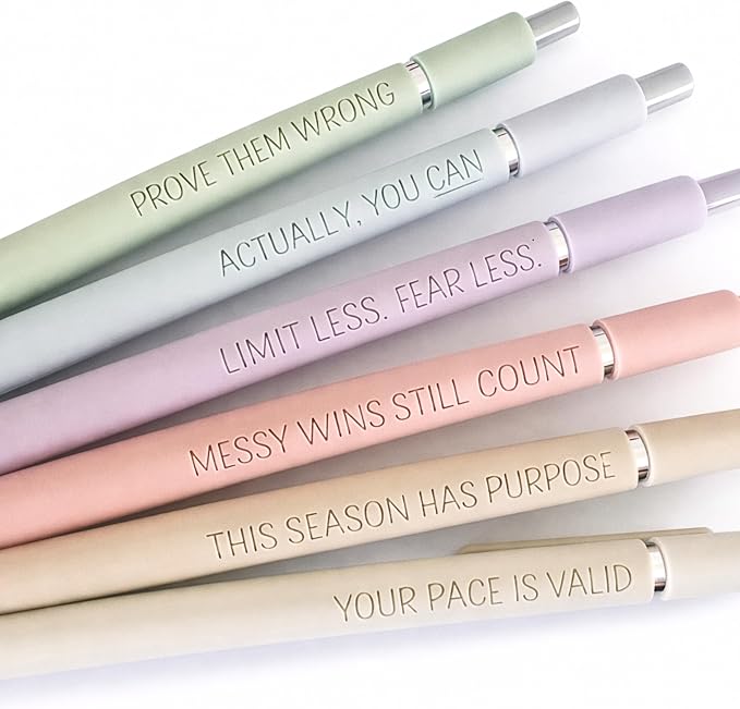 6-Pen Set | Motivational Mantras Soft-Touch Engraved Gel Pens｜Words of Empowerment Uplifting Affirmation for Her Graduation Birthday｜Office Supplies (Silver Pastel)