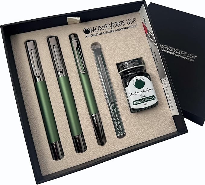 Monteverde Ritma 3+2 Piece Gift Set, Green - Includes Medium Nib Fountain Pen, Rollerball, Ballpoint, 30ml Ink & Refill - Elegant Writing Set for Collectors & Writers