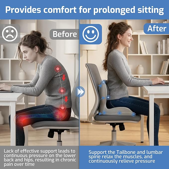 Seat Cushion,Memory Foam Chair Cushion for Office and Car,Ergonomic Coccyx Seat Cushion for Tailbone,Sciatic Nerve,Lower Back Pressure Relief,Lumbar Support Pilow for Office,Car,Truck,Desk Chair