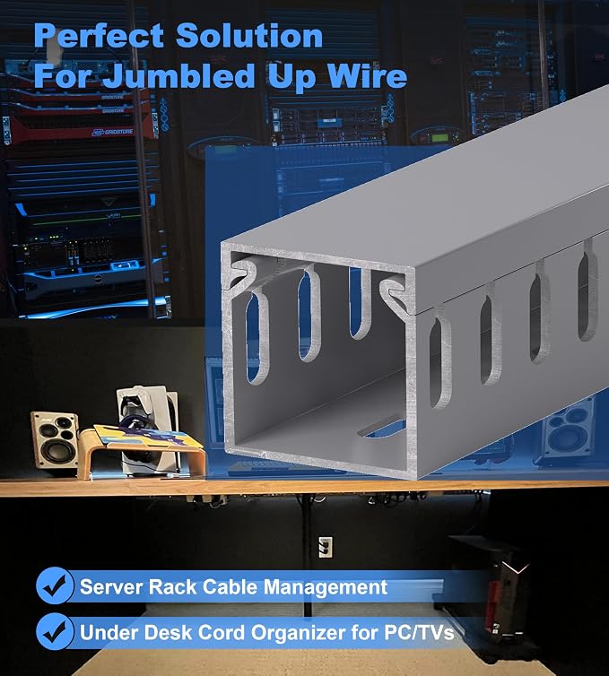1.6"H x 1.6"W Cable Raceway, 99in Under Desk Wire Management Channel, Grey | Slotted Wire Duct, 6Pack, 16.5in Each, Heavy-Duty PVC Cable Management for Server Racks, Network Cables & Electrical Cabinets