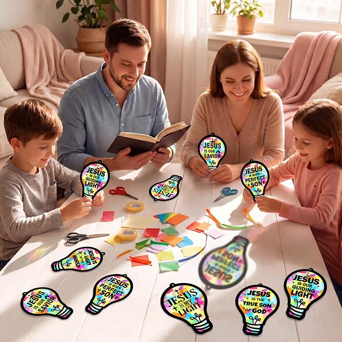 48PCS Sunday School VBS Crafts Bulk: Paper Lightbulb Cross Nativity Suncatchers, Religious Christian Activity DIY Kits Church Decorations, Window Stained Glass Effect Art Supplies(Jesus Style)