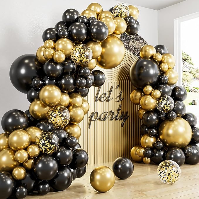 Black and Gold Balloon Arch Garland Kit, 129 Pcs Father's Day Balloons, 18/12/10/5 In Black Gold Confetti Balloons, Fathers Day Balloon Arch Kit for Father Day, Birthday, Grad, Retirement, Anniversary