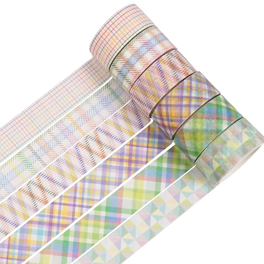 Basic Grid Washi Tape Set 12 Rolls Plaid Decorative Masking Tapes for Arts, DIY Crafts, Journals, Planners, Scrapbook, Wrapping (Colored)
