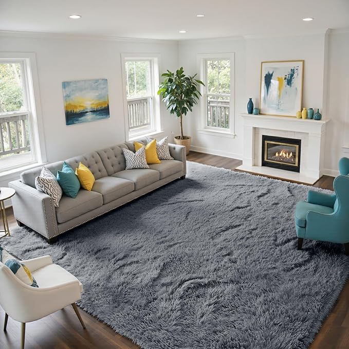 yongyangjuxin Fluffy Rug Shag Area Rug, Grey 10x14 Area Rugs for Bedroom, Super Soft Shag Rugs for Living Room Bedroom Room Home Decor, Upgrade Anti-Skid Rectangular Fuzzy Rug