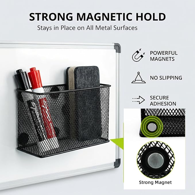 Neudeco Magnetic Locker Organizer, Wire Mesh Storage Basket, Black, 6-Pack | Strong Magnet, Pen Holder for Dry Erase Markers, For Fridge School