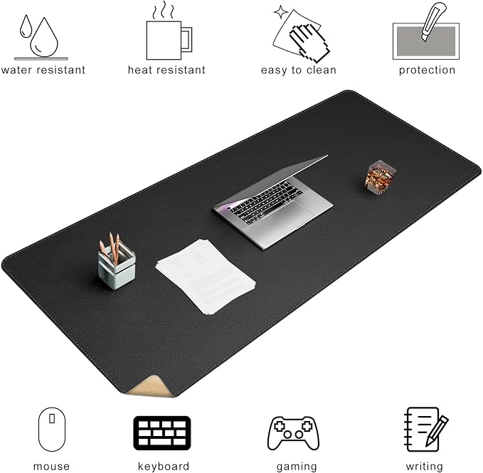 Chihein 59” x 24” Cork & PU Leather Desk Mat (Black) - Huge Mouse Pad, Double Sided Waterproof Desk Pad Protector for Gaming, Office, Home