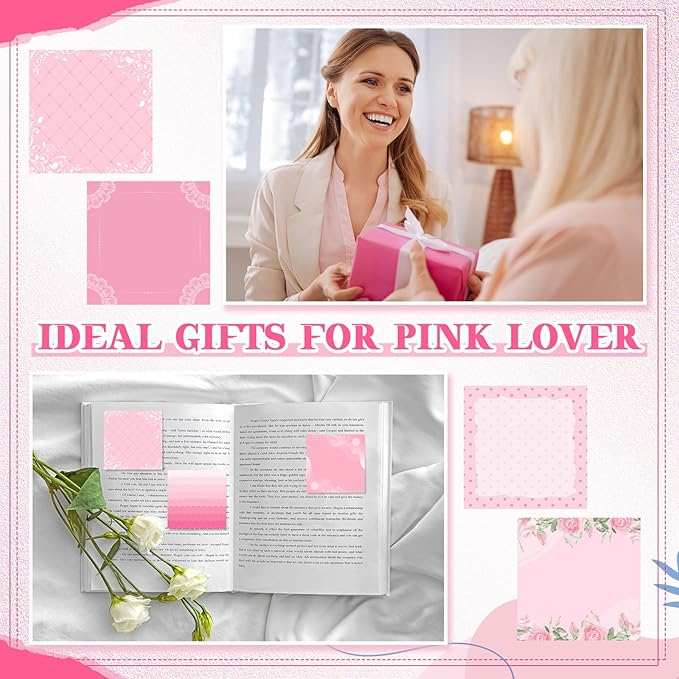 9 Pcs Aesthetic Sticky Notes Cute Pastel Self Stick Notepads Easy to Post Desk Supplies for Home Office Decor School Accessories Women Birthday Coworker Gifts(Pink)