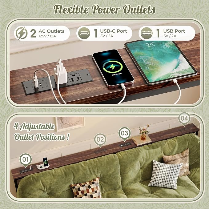 Huuger 110.2 Inch Sofa Table with Power Outlets, 23.9’’-34.4’’ Height Adjustable Range, Behind Couch Table with USB-C Ports, Sofa Tables Narrow Long, Skinny Console Table, Small Spaces, Dark Walnut