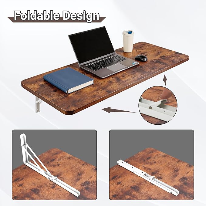 Neoaider Wall Mounted Folding Table 47.2”L x 19.7”W, Laundry Folding Table with Heavy Duty Metal Collapsible Shelf Brackets, Wall Mounted Desk Fold Down for Small Spaces, Brown