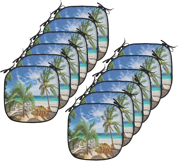 Lunarable Coastal Chair Cushion Pads Set 12, Dining in Beach Under The Sun Rays Palm Trees Shadows Shades Vacation Image, Anti-Slip Seat Padding for Kitchen & Patio, 16"x16", Green Blue Ivory