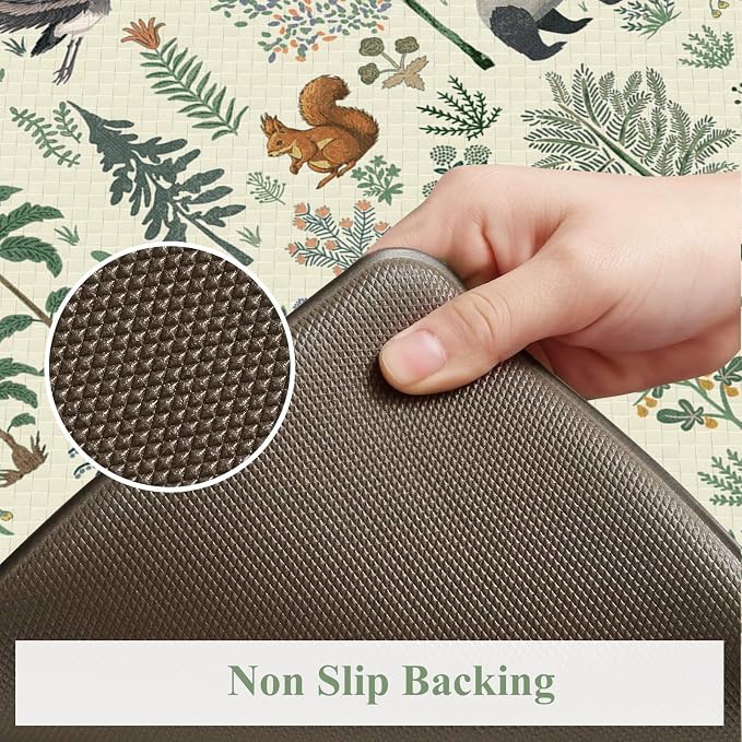 KIMODE Anti Fatigue Kitchen Mats for Floor,Cushioned Kitchen Rug Sets of 2 | Beige,Farmhouse Animal Forest Kitchen Rugs Non Slip,Memory Foam Padded Kitchen Standing Floor Mat for Laundry Sink Office