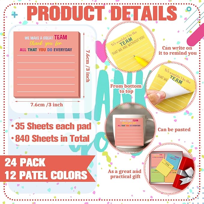Yinder 24 Pcs Inspirational Sticky Notes Thank You Gift Motivational Sticky Note Pad Employee Appreciation Gift Bulk for Staff Coworker Teacher Nurse Office Groups 3 x 3'' (Thank You,Light)