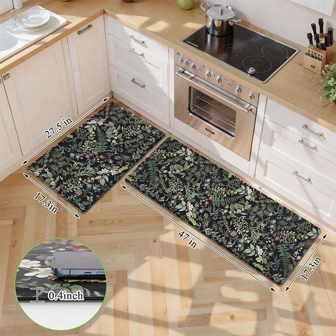 SHACOS Botanical Kitchen Rugs Set of 2, 17x27.5+17x47 inch | Black Green Anti Fatigue Mats for Kitchen Floor, Greenery Plants Ergonomic Cushioned Mats Leaf Floral Farmhouse
