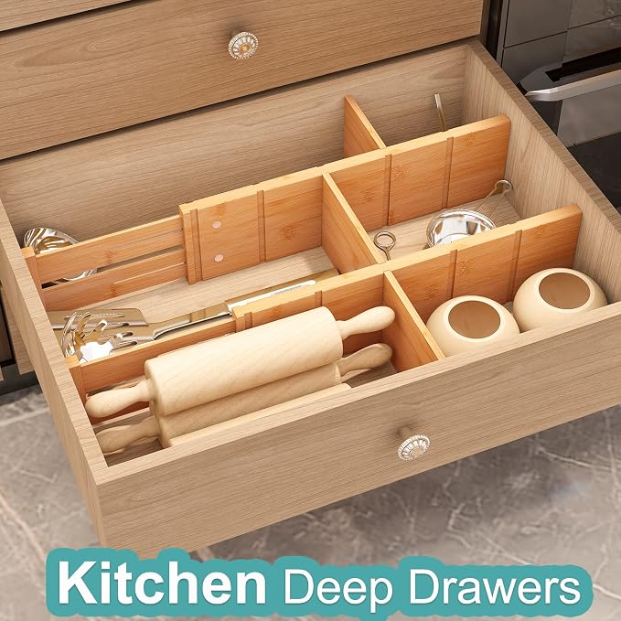 4.4" High Bamboo Drawer Dividers with Inserts, Kitchen Adjustable Drawer Organizers, Expandable Organization for Home, Office, Dressers, and Bathroom, 4 Divider with 8 Insert