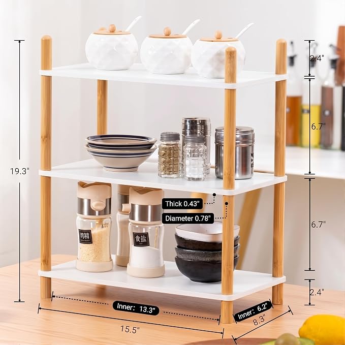 3-Tier Bamboo Coffee Bar Organizer,Coffee Bar Accessories, Mul-tifunctional Wooden Beaded Coffee Station Countertop Stand Shelf for Kitchen Home Office,Counter Riser Display Shelf for Top of Desk Home