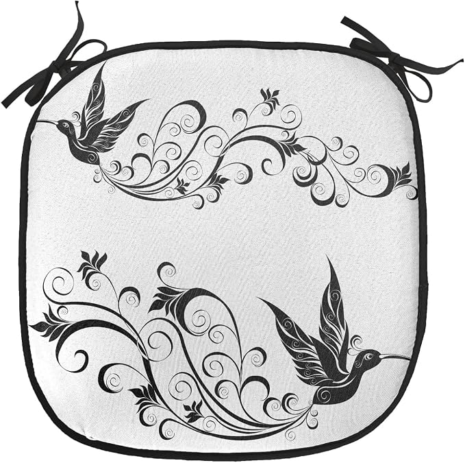 Lunarable Hummingbirds Chair Cushion Pads Set 12, Tattoo Art Style Hummingbird Silhouette Wildlife Curvy Stems Blooms Imagery, Anti-Slip Seat Padding for Kitchen & Patio, 16"x16", White Black