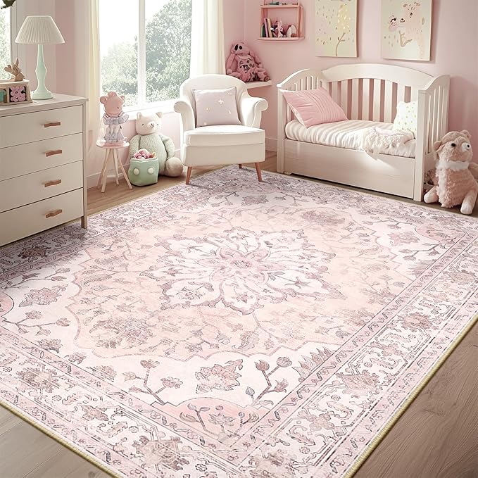 RELEANY Area Rugs 5'x8' Washable Non-Slip, Floral Vintage Distress Medallion Carpet for Living Room Bedroom Dining Room, Pink Greypink Cute