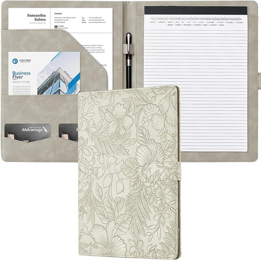 Mymazn Padfolio Portfolio Binder, Faux Leather Interview Resume Folder with Document Organizer & Business Card Holder, Letter-Sized Notepad Legal Pad Holder for Women Men (Grey)