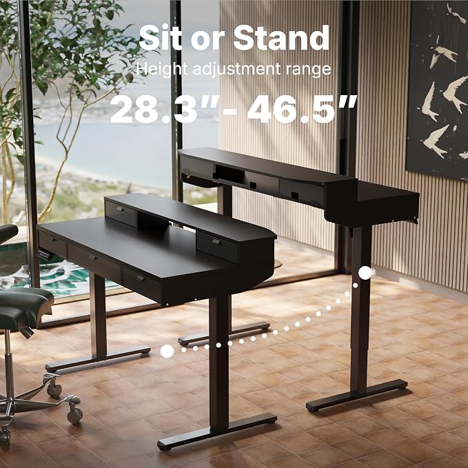 HUANUO 48 x 24 Inch Electric Standing Desk with 4 Drawers, Black | 4 Drawers For Organized Storage, Raised Monitor Shelf, C-Clamp Mount Support, 4 Memory Presets, 28.3–46.5 Inch Height Range