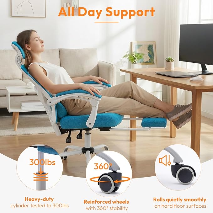 Ergonomic Desk Chair, High Back Office Chair with Wheels, Elegant Blue | Computer Chair with Footrest, Swivel Reclining Gaming Chair with Headrest, Comfy Armrest for Home, Office, Work, Study
