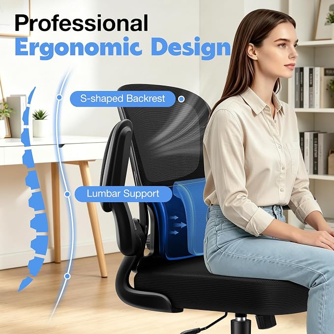 ALLGOD Ergonomic Office Chair, Breathable Mesh Ergonomic Desk Chair with Adjustable Lumbar Support, Flip-up Armrests, Computer Chairs Comfortable for Home, Office, Work, 300lbs, Black (4Pack)