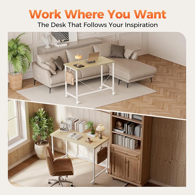 Mericonia 40 inch Rolling Computer Desk with Wheels, Gaming Desk for Small Spaces, Modern Simple Style Table for Home Office, Study Writing Table