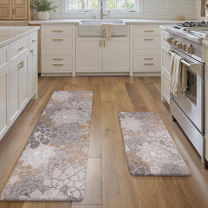 GENIMO Anti Fatigue Kitchen Mats for Floor 2PCS, Cushioned Standing Mats | 17.3"x59"&17.3"x30", Taupe Grey vintage floral rug set, waterproof, non slip, easy-clean for farmhouse