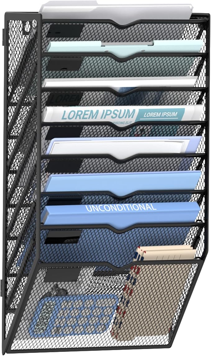8 Tier Wall Hanging File Organizer, Paper Folder Holder Wall Mounted, Metal Mail Sorter for Office Home School, Black