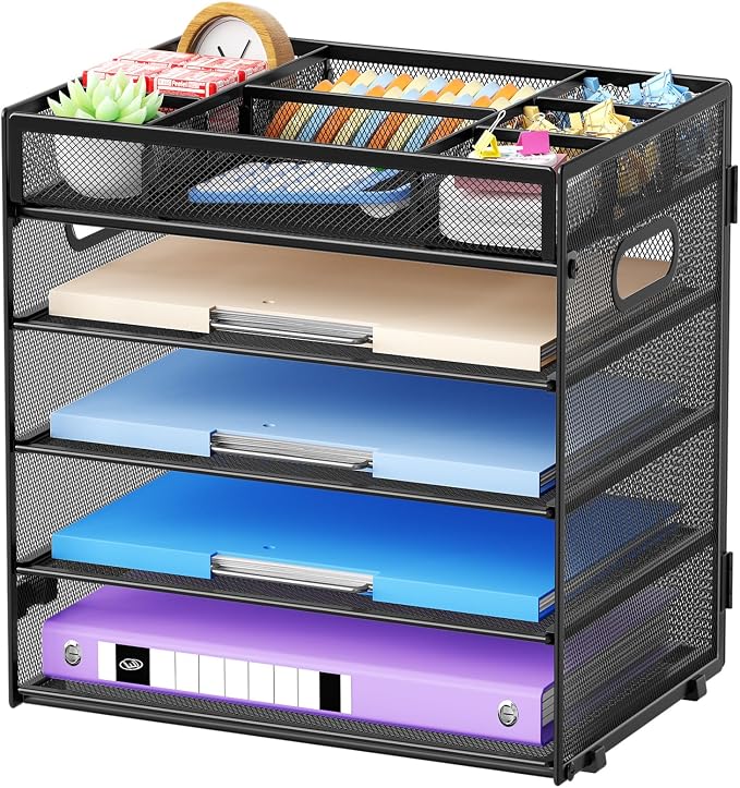 Marbrasse 5 Tier Paper Organizer, Mesh Desk Letter Tray with Handle,Black | Paper Sorter Desk Organizer for Letter/A4 Office File Folder Holder Home Office Supplies