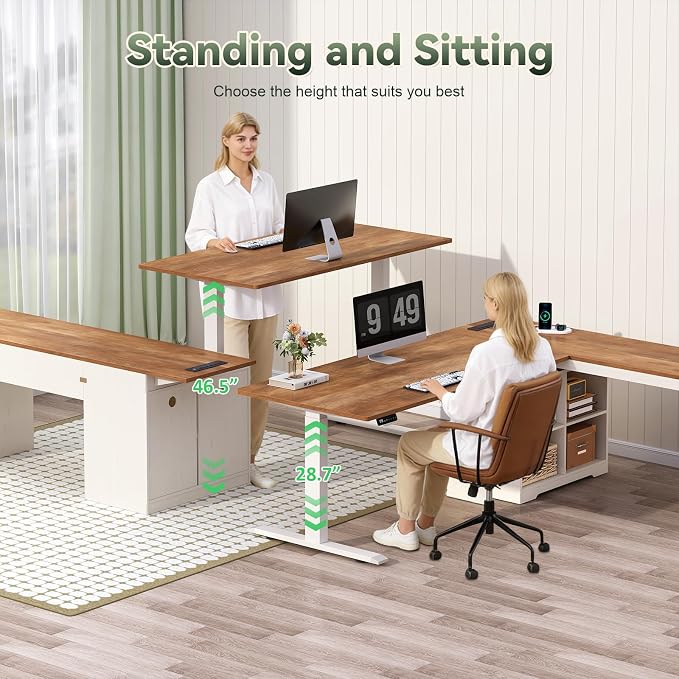 66 inch Farmhouse L Shaped Standing Desk with Storage for Home Office | Corner Electric Standing Desk with Drawers ＆ Storage Shelves, Height Adjustable Desk with Power Outlets, Antique White