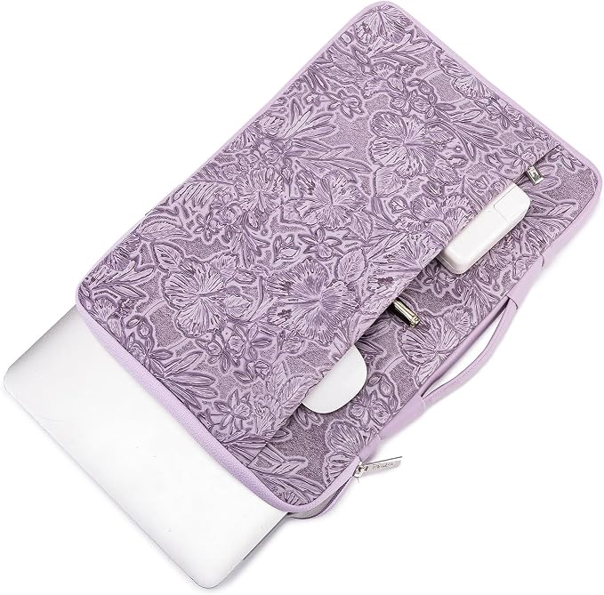 Kinmac Embossed PU Leather 360° Heavy Duty Protective Laptop Sleeve with Poacket (Purple Flower, 12.5 inch-13.6 inch)