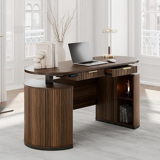 Electric Standing Desk with Storage Drawers, 63'' Executive Height Adjustable Desk with Privacy Panel and Shelves, Wood Fluted Computer Desk for Home Office, Black Walnut