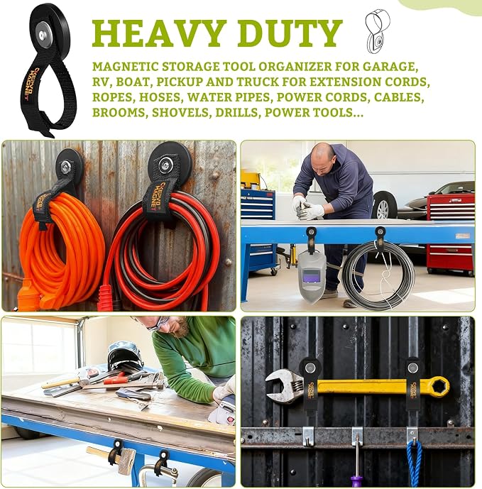 Magnetic Tool Holder with Adjustable Straps - 4Pcs Heavy Duty Garage Hooks for Extension Cord, Hose, Power Tools 2.59 INCH, No Scratch Design, RV/Boat/Workshop (4, 2.59''Magnet)