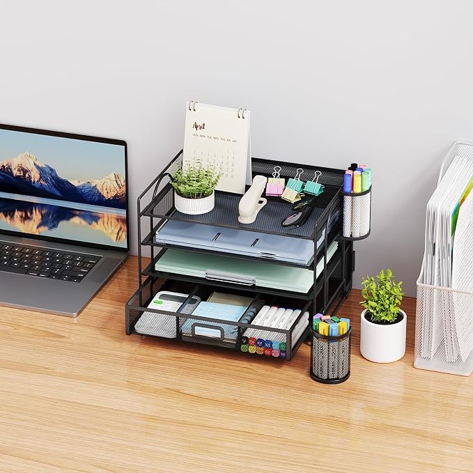 Marbrasse Desk Organizer, 4-Tier Paper File Letter Tray, Black | Sturdy Paper Tray, File Holder, Built-in Drawer, 2 Pen Slots, fits Letters/Files, for School Home Office Supplies