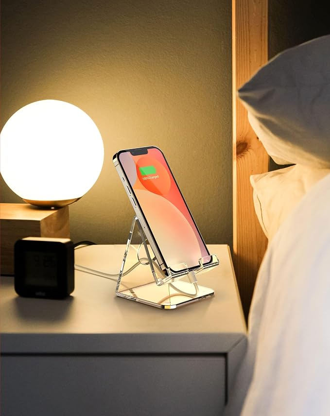 Acrylic Cell Phone Stand, Clear Phone Holder for Office Desk, Vanity, Kitchen, Bedside Table, Compatible with iPhone 17/Smartphones/iPad/Switch/Kindle, Office Desk Accessories