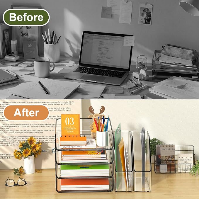 FANXIYQ 4-Tier Acrylic Paper Tray Organizer with Bookends, Paper Organizer | Tool-Free Stackable 1-4 Tier Design with 2 Bookends for Files, Folders and A4 Paper; For School, Home Office and Study Room
