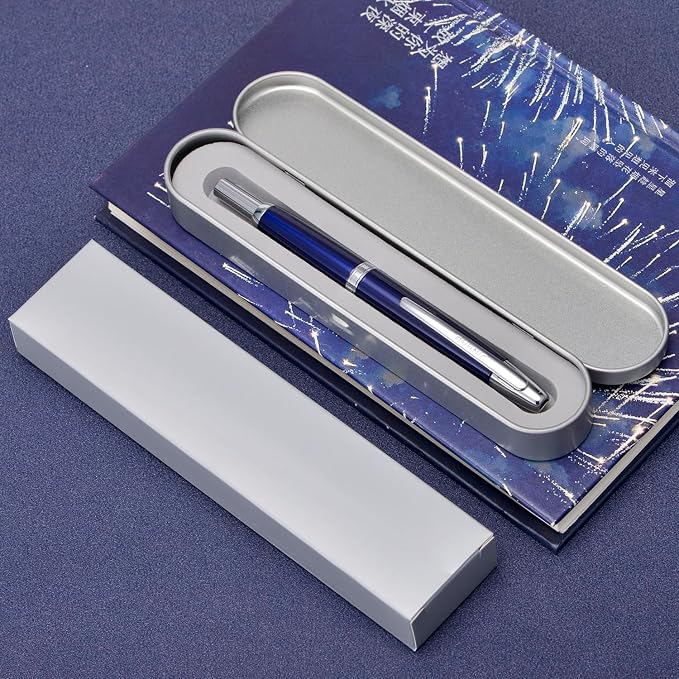Jinhao 10 Press Fountain Pen with Box, Dark Blue Retractable Fine Nib with Ink Converter Set (Silver Clip)