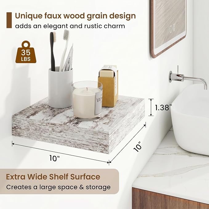 Square Floating Shelves for Wall, 10"W x 10"D x 1.25"H, 3 Packs Small Wall Mounted Engineered Wood Shelves with Invisible Brackets for Living Room, Bedroom, Bathroom, Kitchen Decor, Vintage White