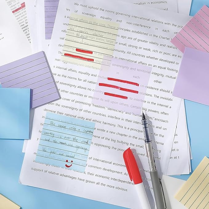6 Pads, 300 Sheets, Clear Transparent Lined Sticky Notes 3x3, Waterproof, Self-Stick Post Notes, Easy to Post for Office, Home, Notebook, Meeting, Reusable, Stationery Set, Lined White