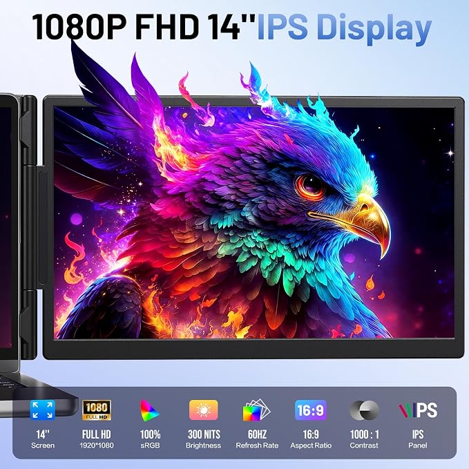 Laptop Screen Extender, 14” FHD 1080P Portable Monitor for Laptop with 100% sRGB, Dual Screen Extender for Laptop 13–17.3”, Plug & Play External Monitor, Business Travel & Home Office