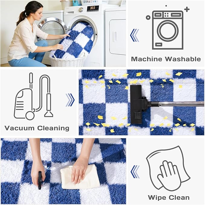 Area Rugs for Living Room Bedroom 9x12, Ultra Fluffy Shag Checkered Rug Modern Washable Carpet Soft Shaggy Non Slip Indoor Plush Fuzzy Rugs for Bedroom Dorm Office Home Aesthetic Decor, Navy and White