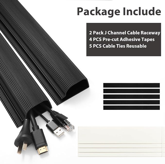 Cable Management Under Desk, 32in (2x15.75in) J Channel, Self Adhesive Cable Raceways Channel, Easy to Install Cord Cover Hider Desk Cord Organizer Electrical Black