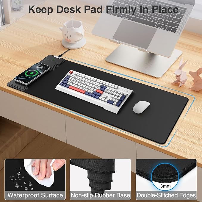 Mouse Pad with Wireless Charging & Foldable Phone Holder, 27.5"x11.8" Black | Desk Protector with Stitched Edges, Non-Slip Base, Laptop Desk Mat, Waterproof Writing Pad for Office & Home