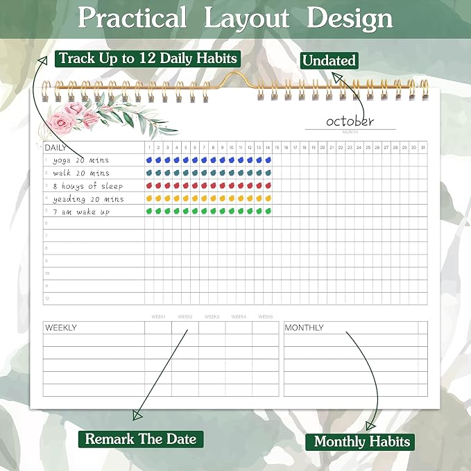 Habit Tracker Calendar - 12 Months Undated Daily Weekly & Monthly Period Habit Tracker Journal, Greenery Floral, Spiral Binding & Hanger, 7.8"x10"