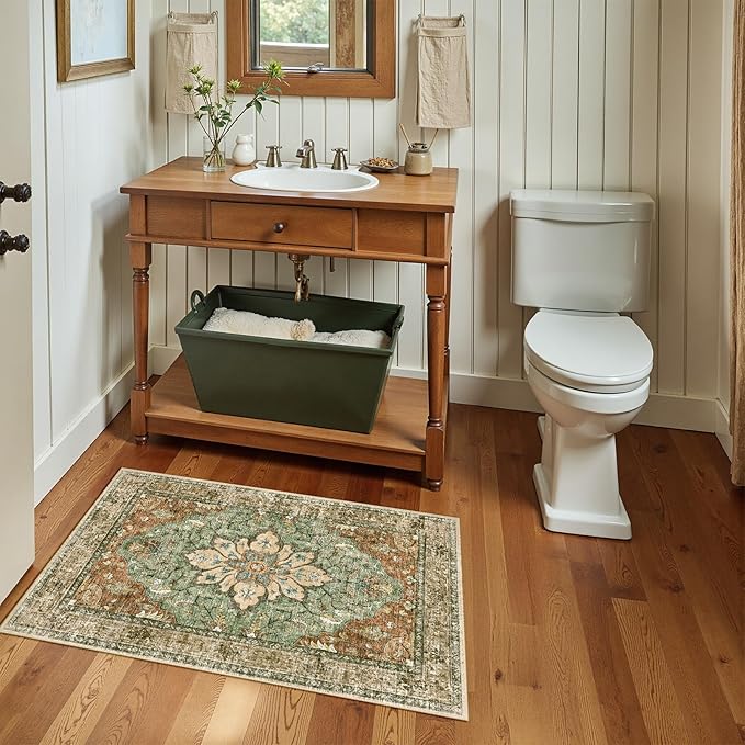 RELEANY Area Rugs Small 2'x3' Washable Non-Slip, Floral Vintage Distress Medallion Carpet for Kitchen Entryway Bathroom, Terracotta Burnt Orange Green