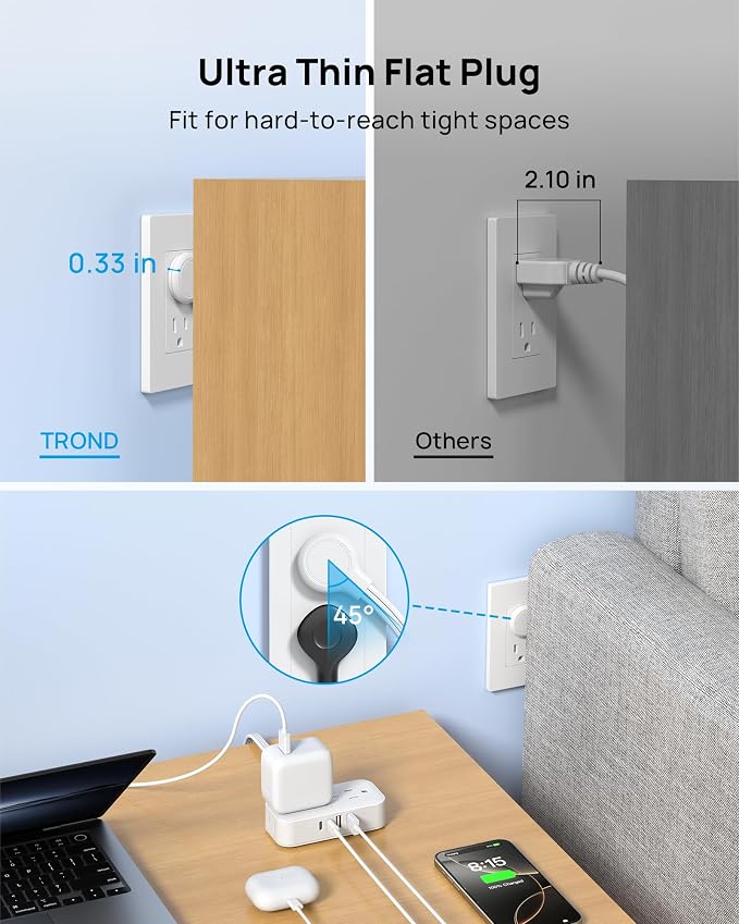 TROND Flat Plug Power Strip 5FT, Small Flat Extension Cord with Multiple Outlets, 4 AC and 4 USB Ports (2 USB C), Wall Mount 900J Surge Protector for Home Office Travel Dorm Room Essentials, White