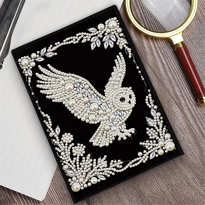 FRANDEK Pearl Painting Notebook Kit, Black and White Owl A5 DIY Journal with 50 Blank Pages, Diamond Gem Art Cover with Waterproof Canvas, Beginner Craft Set with Full Tools for Adults