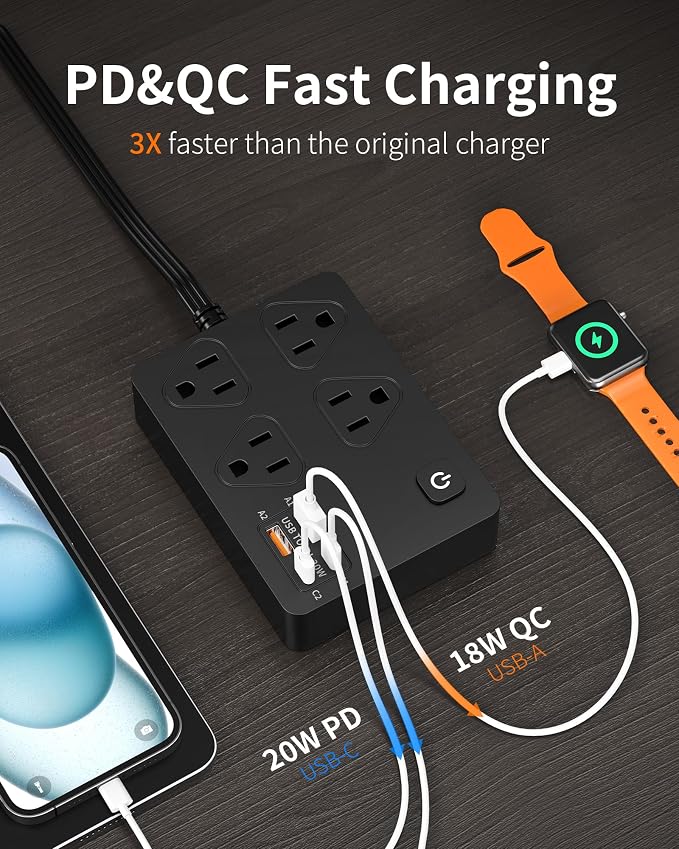 Power Strip Flat Plug with 4 AC Outlets 4 USB Ports (20W), Surge Protector Charging Station with Overload Protection, 6Ft Flat Plug Extension Cord, Fast Charging for Office Dorm Room